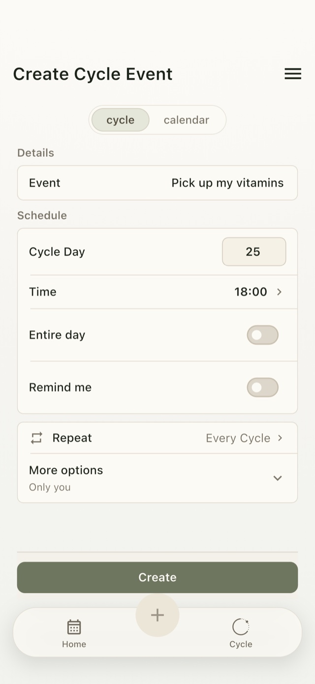 Umorrow Create Cycle Event screen: Pick up my vitamins, Cycle Day 25, 18:00, Every Cycle